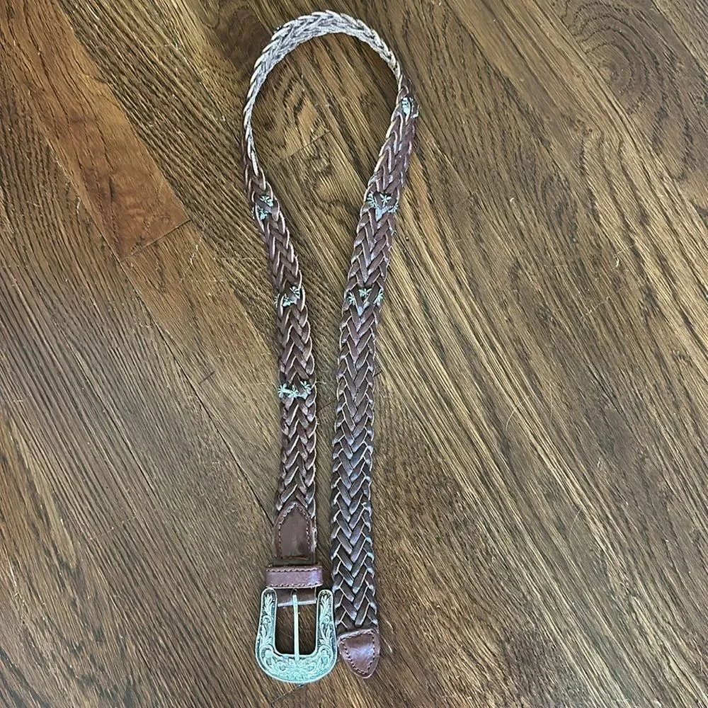 Vintage Boho Western Woven Braided Brown Leather Belt‎ with Floral Silver Buckle